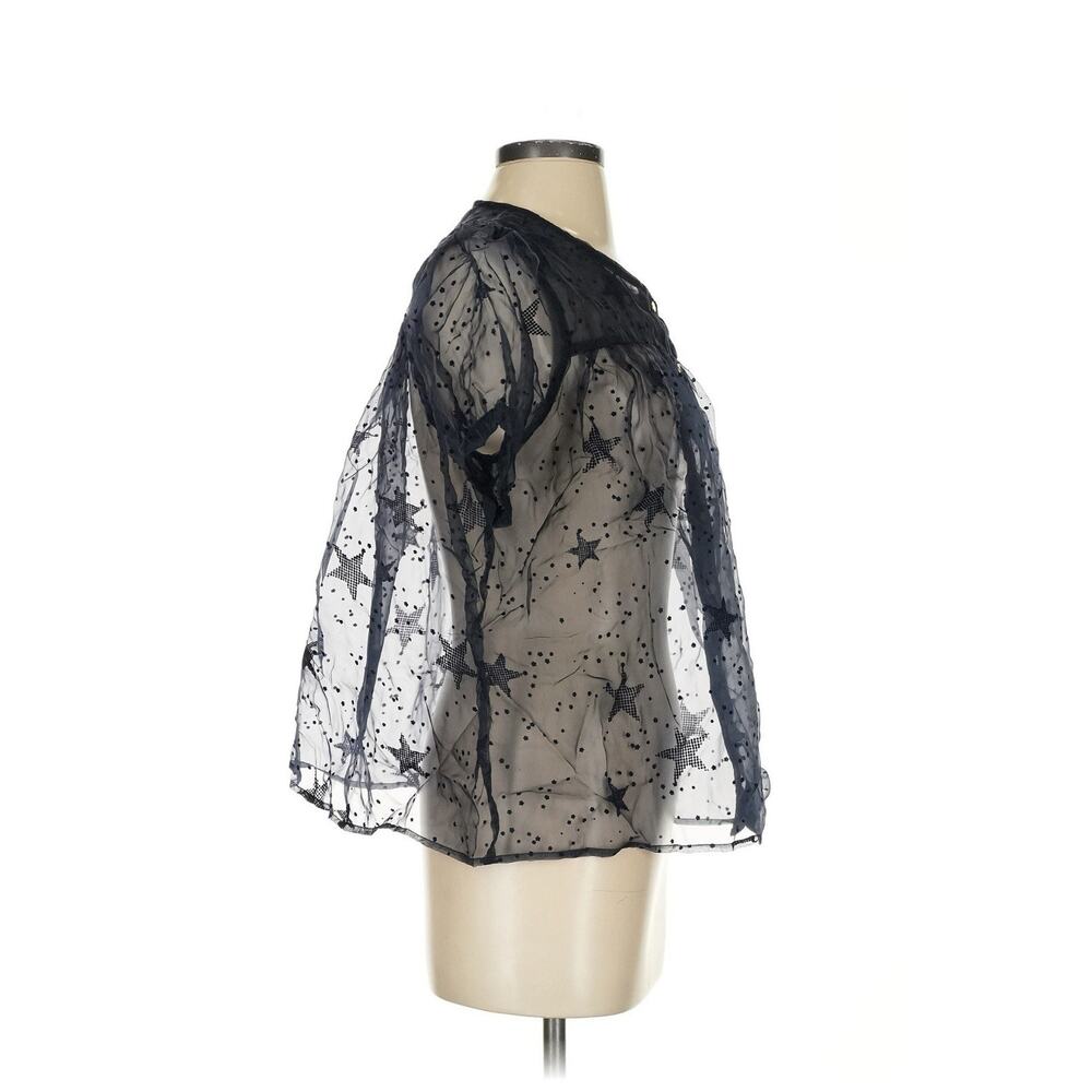 Anthropologie Let Me Be Sheer Navy Blue Velvet Star Pattern Puff Sleeve Blouse S - Picture 4 of 5